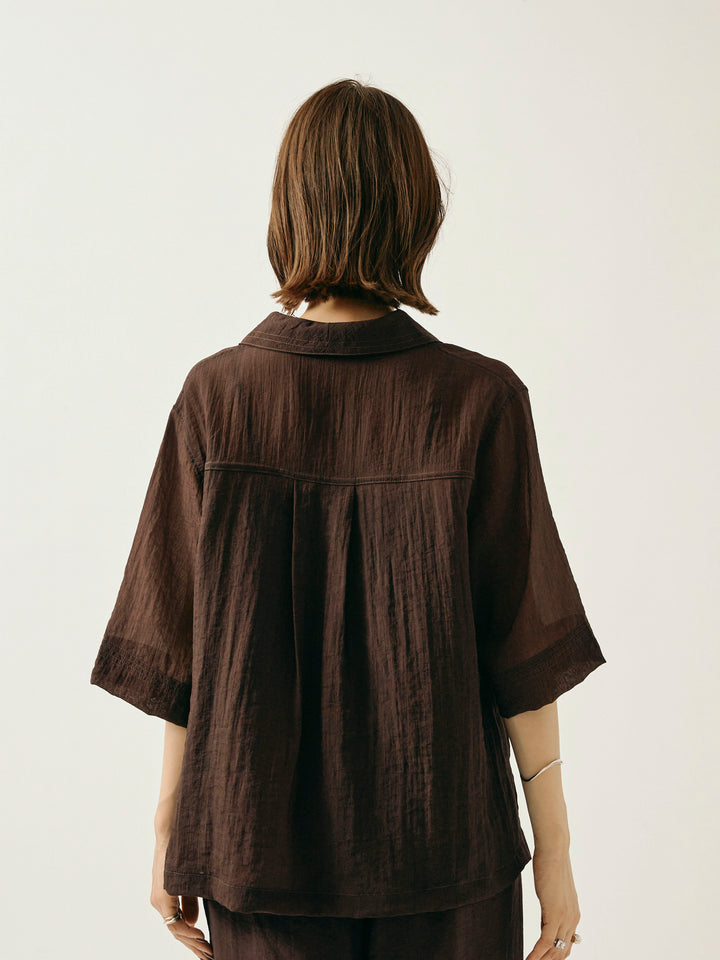 [予約]シャイニースラブシアー開襟ハーフシャツ/ブラウン
