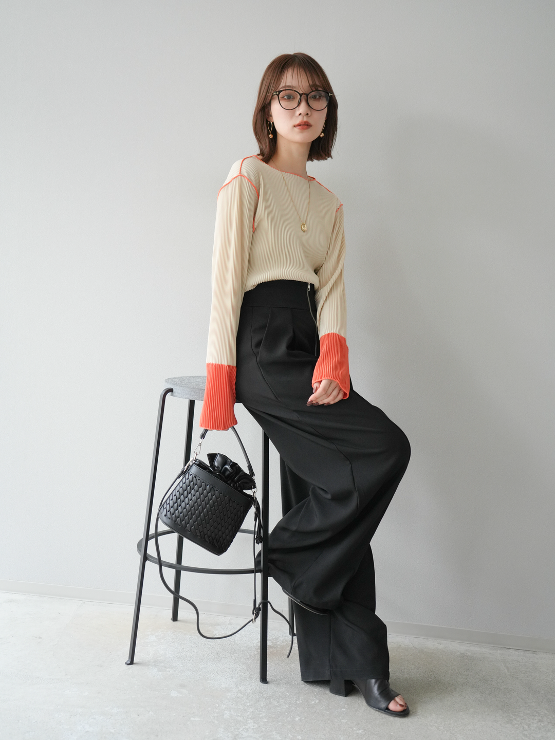 [予約]バイカラープリーツトップス/アイボリー