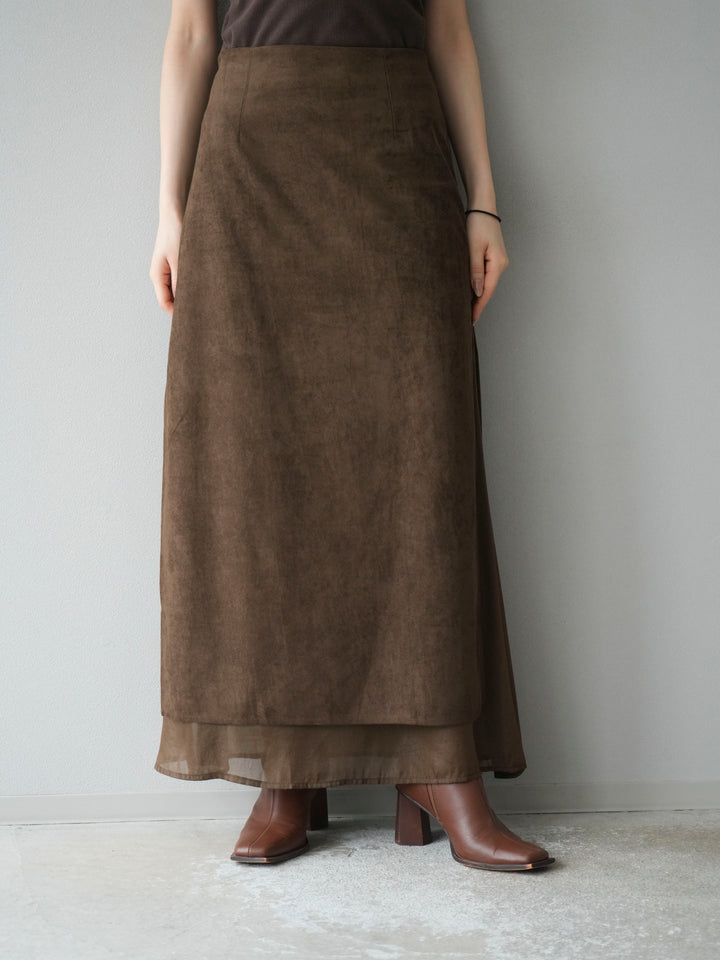 [予約]サイドスリットスウェードドッキングシフォンスカート/ブラウン