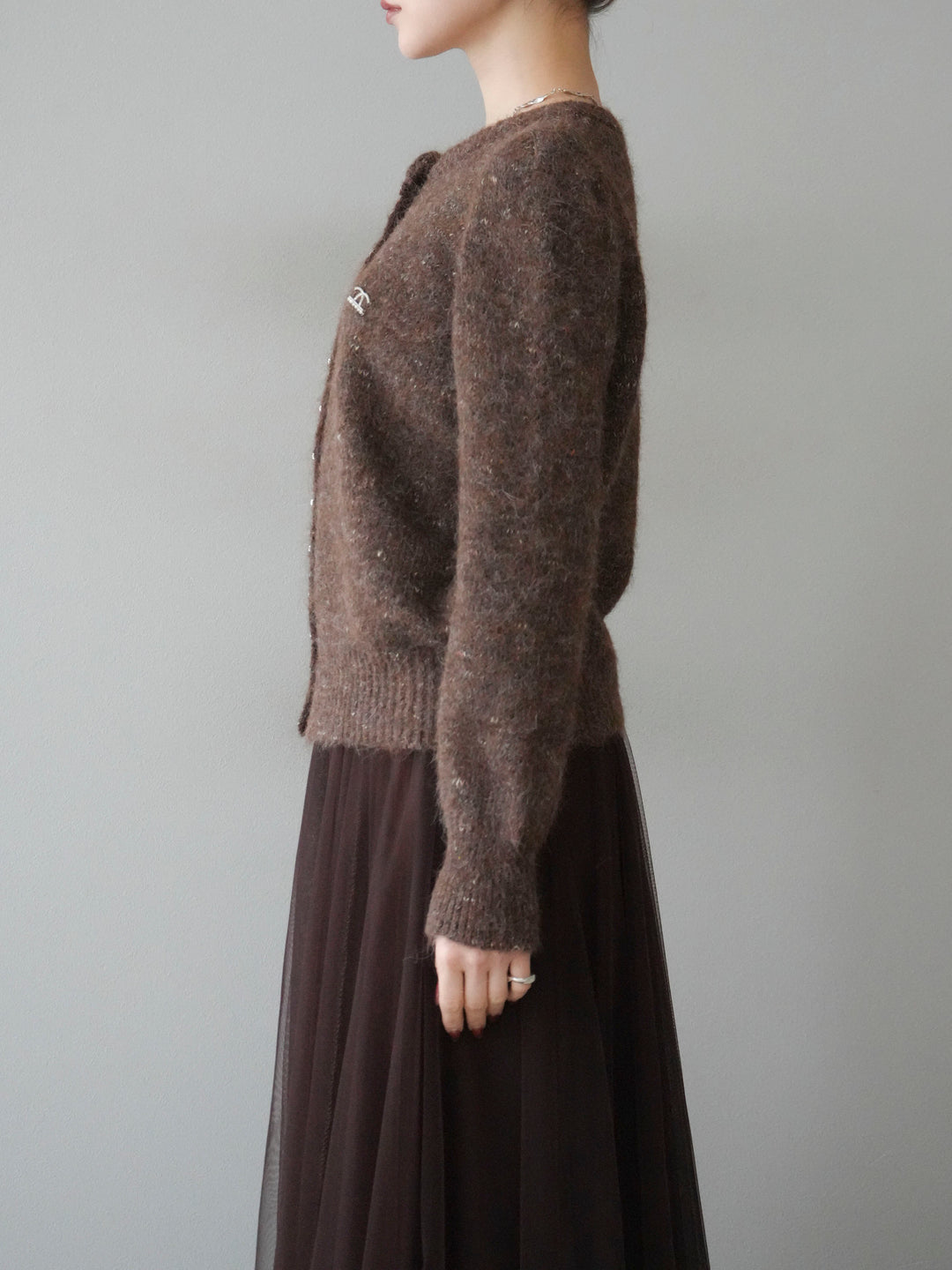 [予約]ブローチ付silverボタンミックスニットカーディガン/brown