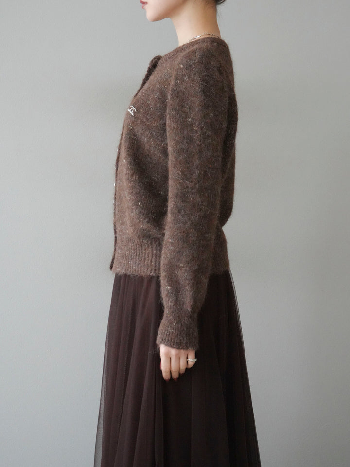 [予約]ブローチ付silverボタンミックスニットカーディガン/brown