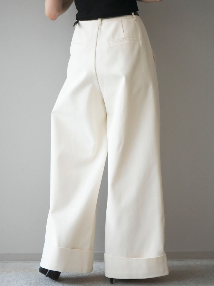 [予約]ベルト付き折り返しコットンツイルワイドパンツ/ivory
