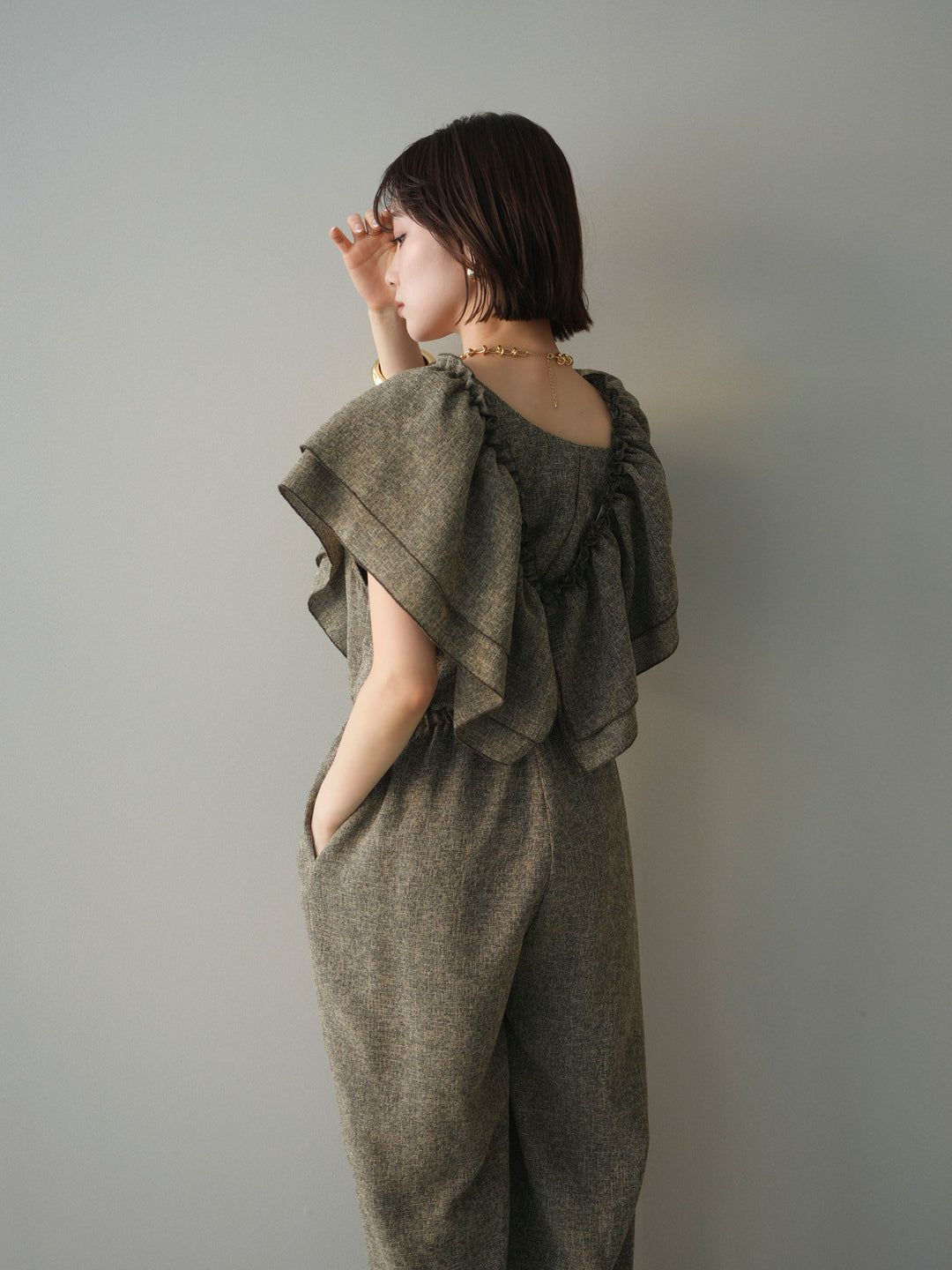 [SET]3WAYミックスツイードギャザーオールインワン+選べるアクセセット(2set)