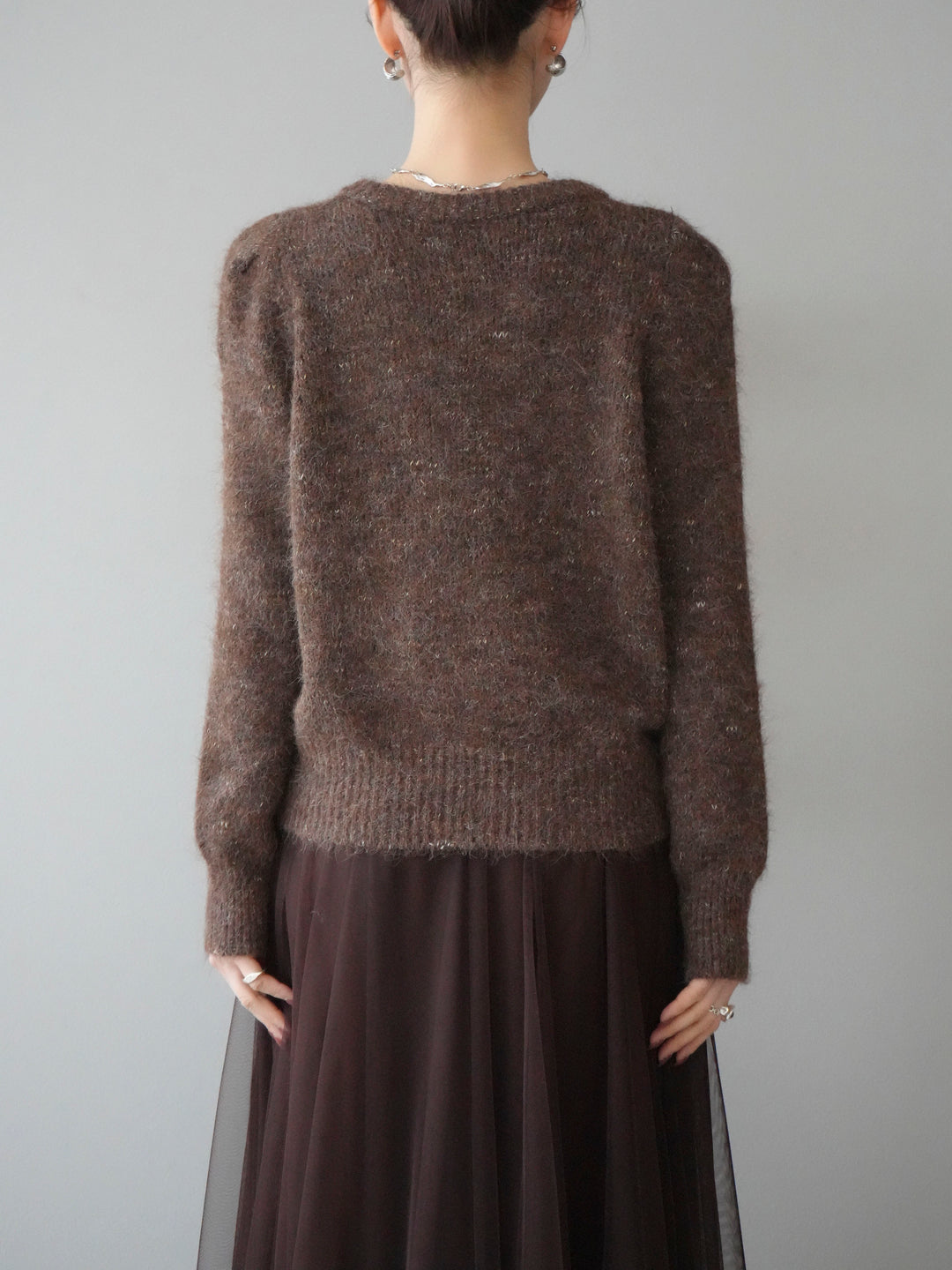 [予約]ブローチ付silverボタンミックスニットカーディガン/brown