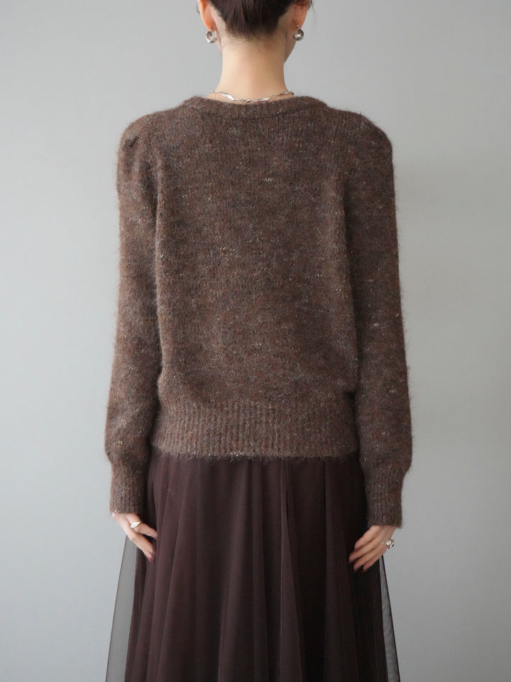 [予約]ブローチ付silverボタンミックスニットカーディガン/brown