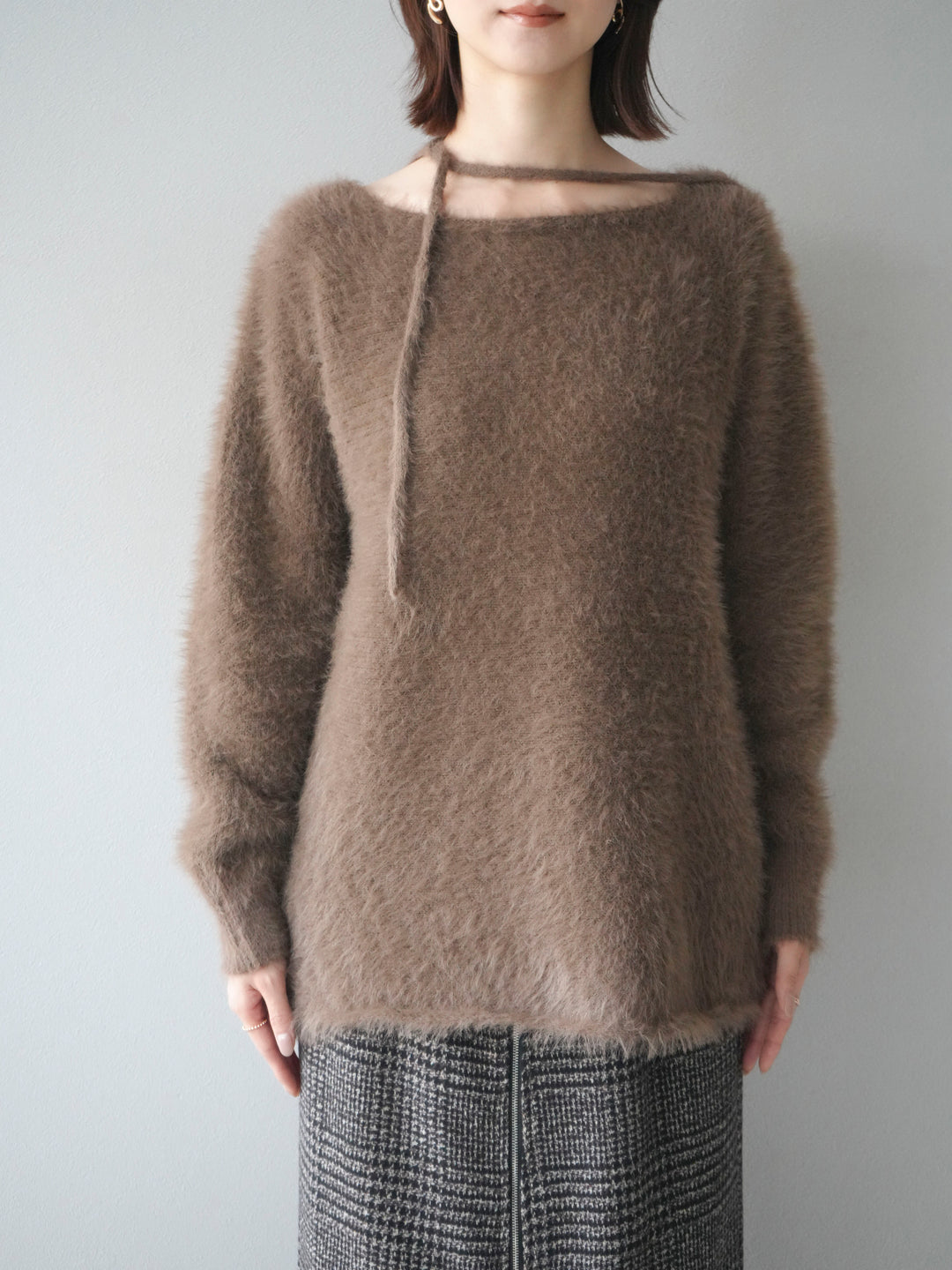 [予約]紐付きシャギーニットプルオーバー/camel