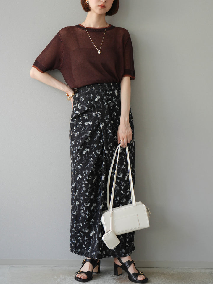 [SET]リネンタッチ配色二重臼ハーフニットトップス+選べるアソート柄スカートセット(2set)