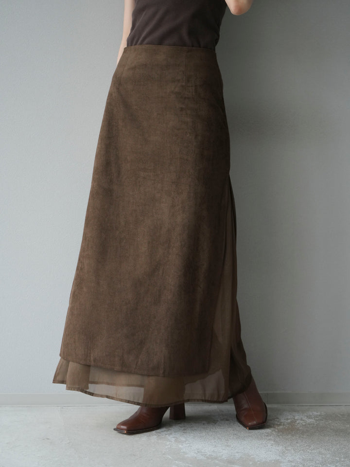 [予約]サイドスリットスウェードドッキングシフォンスカート/ブラウン