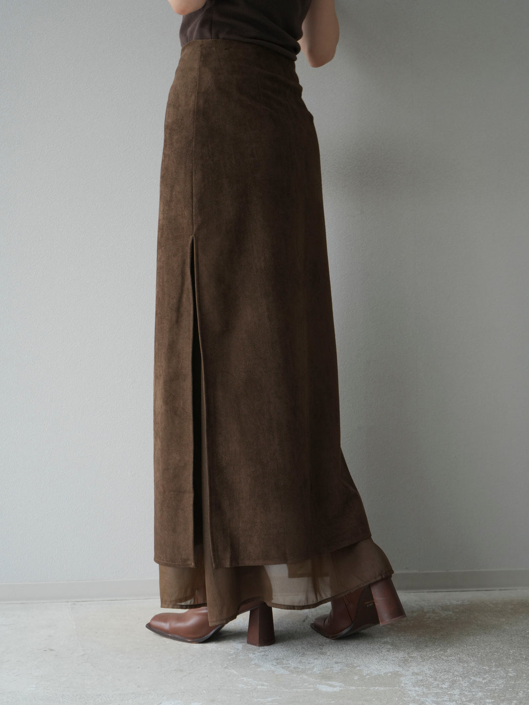 [予約]サイドスリットスウェードドッキングシフォンスカート/ブラウン