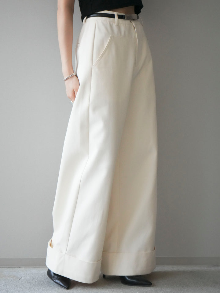 [予約]ベルト付き折り返しコットンツイルワイドパンツ/ivory