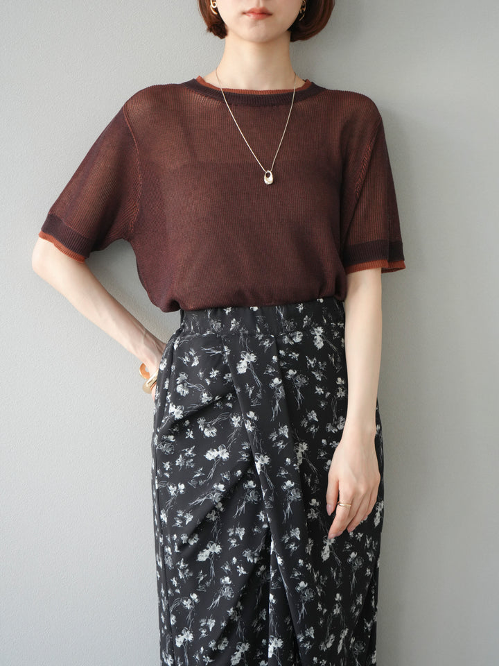 [SET]リネンタッチ配色二重臼ハーフニットトップス+選べるアソート柄スカートセット(2set)