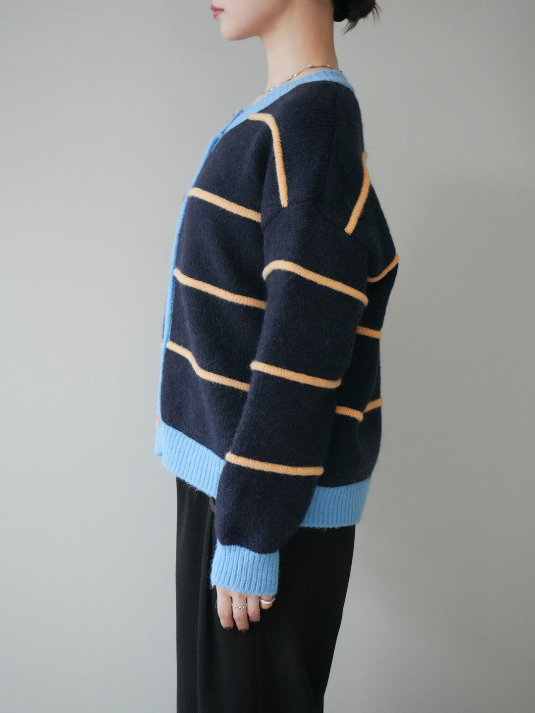 [予約]配色ボーダーニットカーディガン/navy