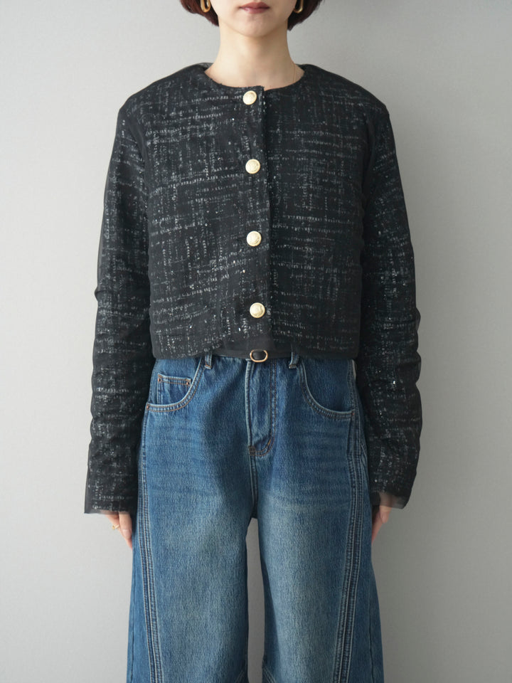 [予約]チュールレイヤードツイードクロップドジャケット/black