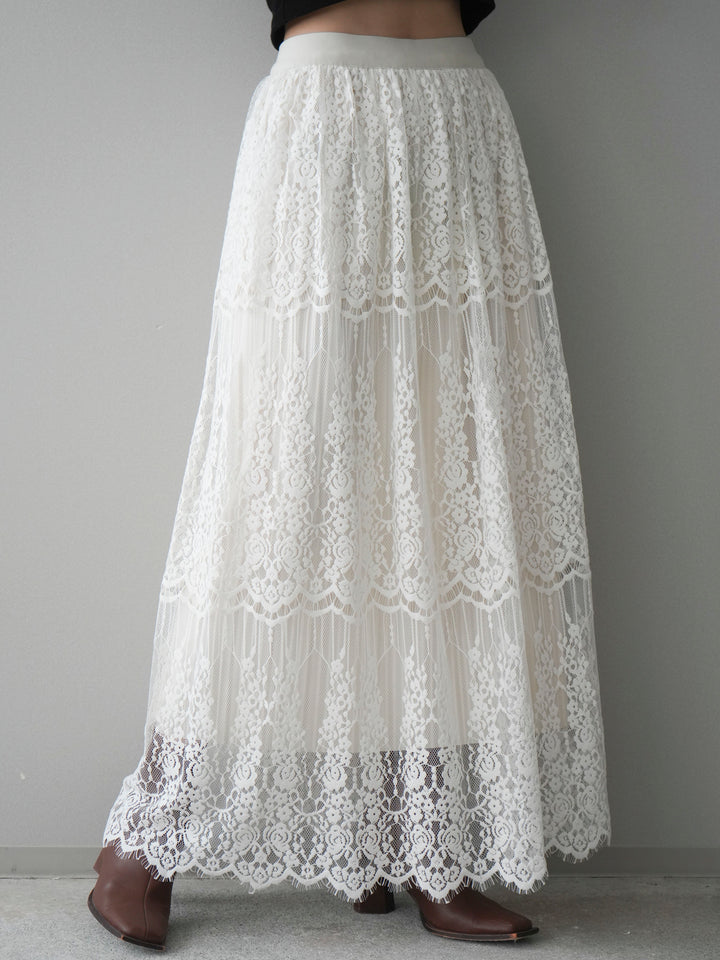 [予約]裏プリーツ総レースロングスカート/ivory