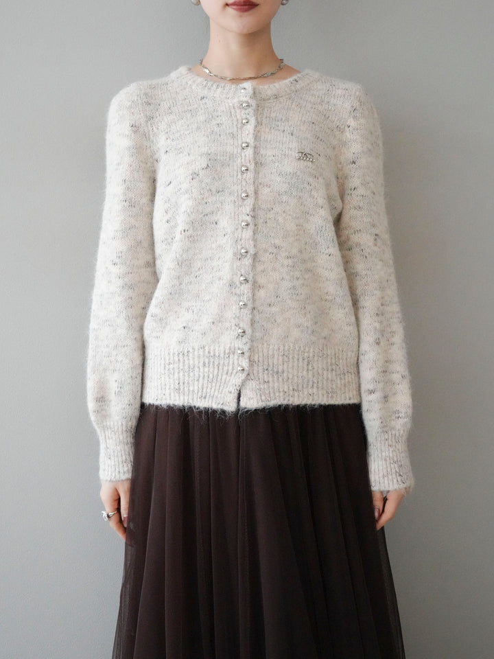 [予約]ブローチ付silverボタンミックスニットカーディガン/beige