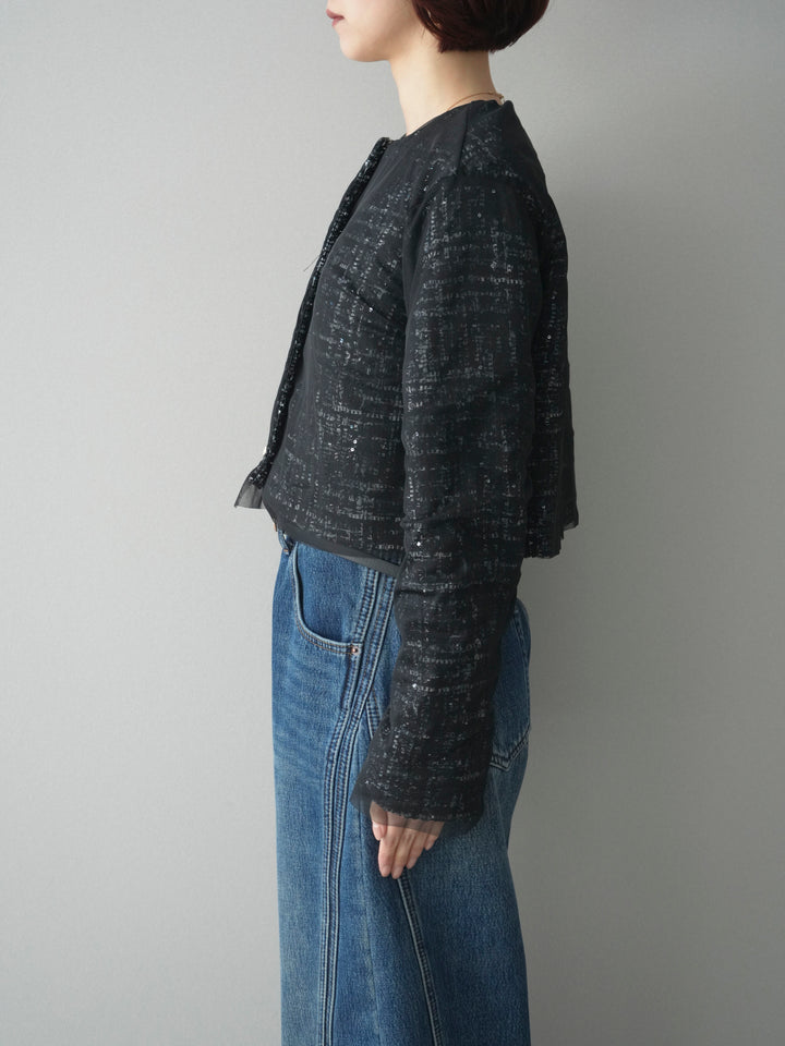 [予約]チュールレイヤードツイードクロップドジャケット/black