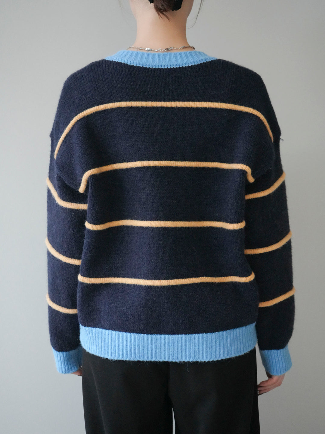 [予約]配色ボーダーニットカーディガン/navy