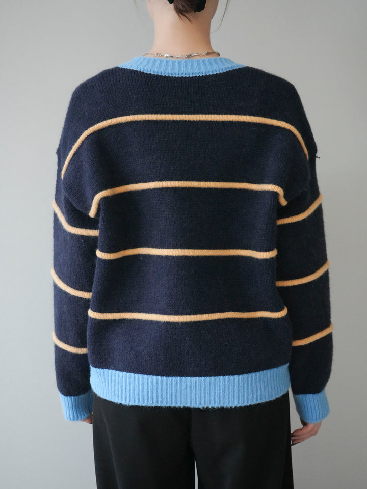 [予約]配色ボーダーニットカーディガン/navy