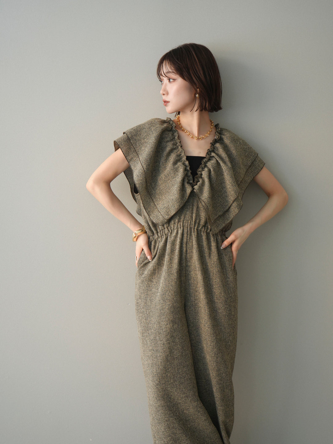 [SET]3WAYミックスツイードギャザーオールインワン+選べるアクセセット(2set)