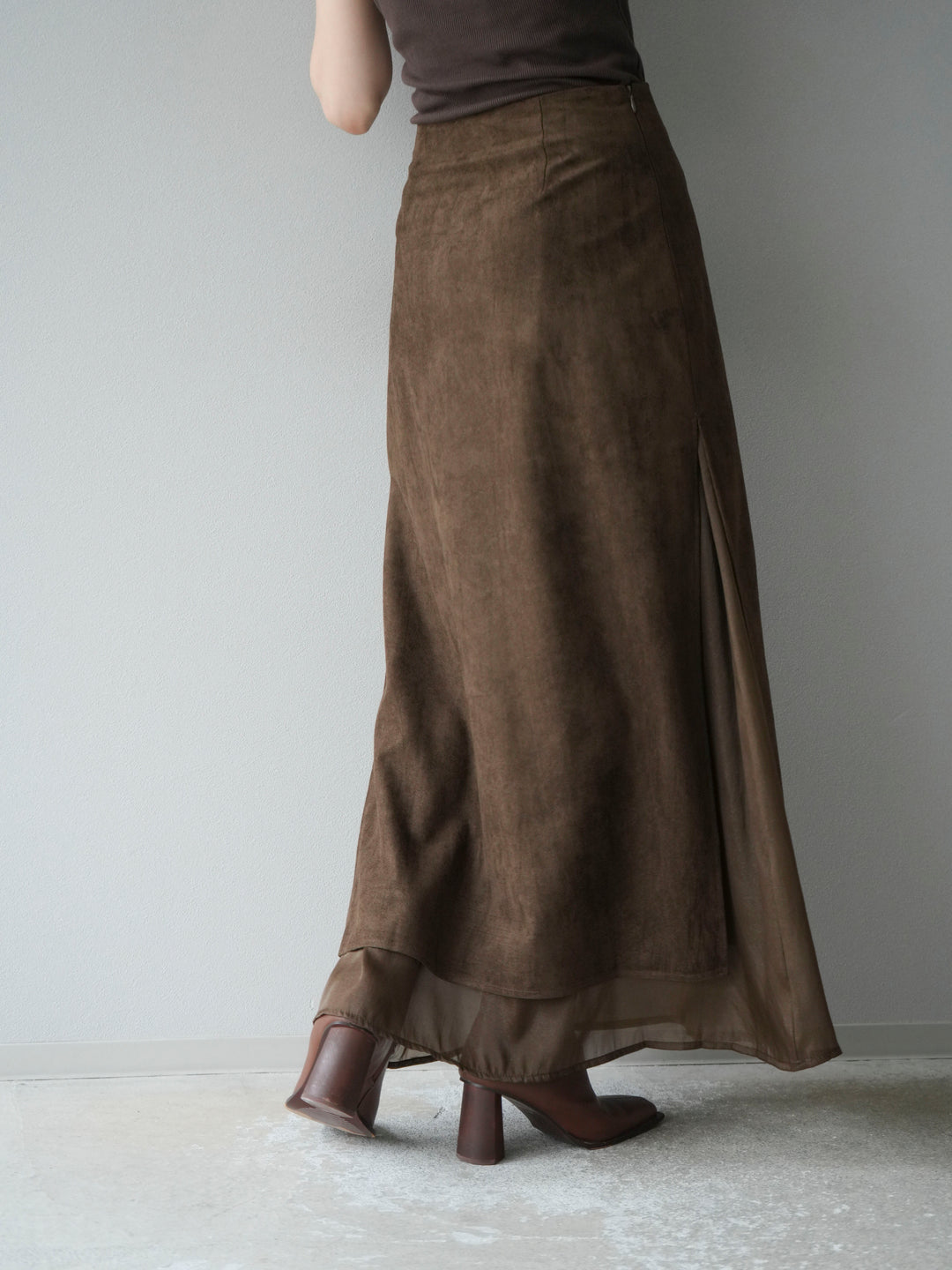 [予約]サイドスリットスウェードドッキングシフォンスカート/ブラウン