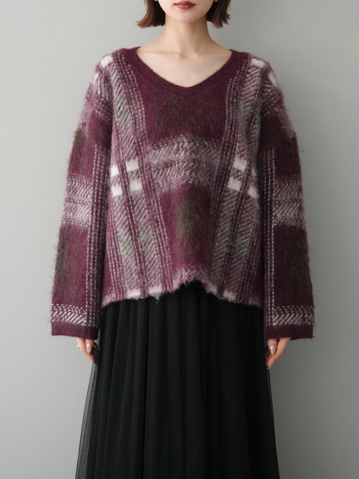 [予約]ストール付シャギーチェックニットプルオーバー/red