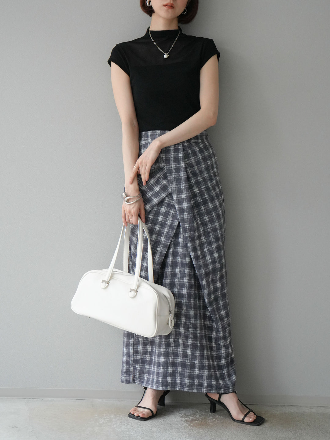 [予約]チェックプリントタックIラインスカート/グレー