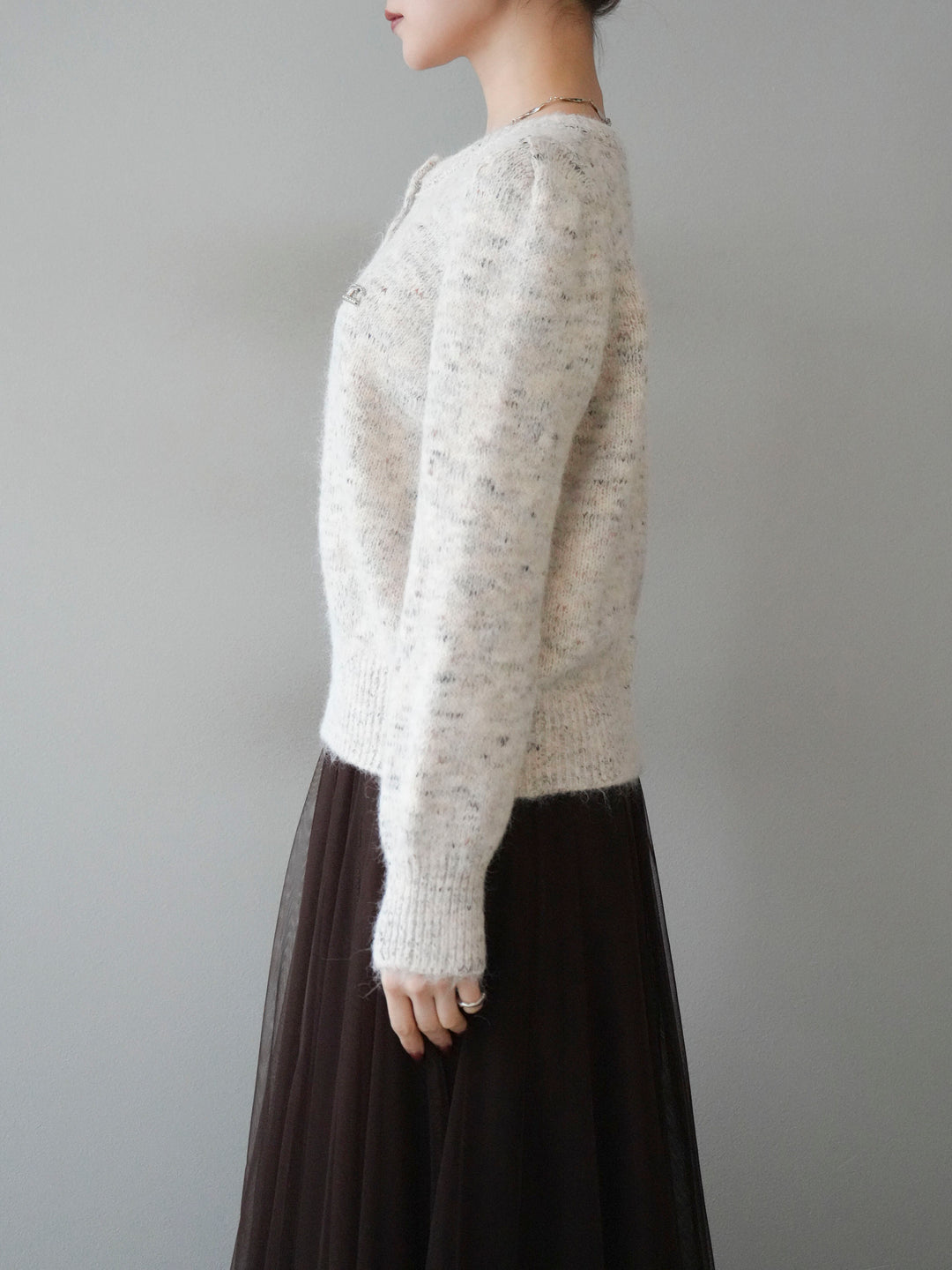 [予約]ブローチ付silverボタンミックスニットカーディガン/beige