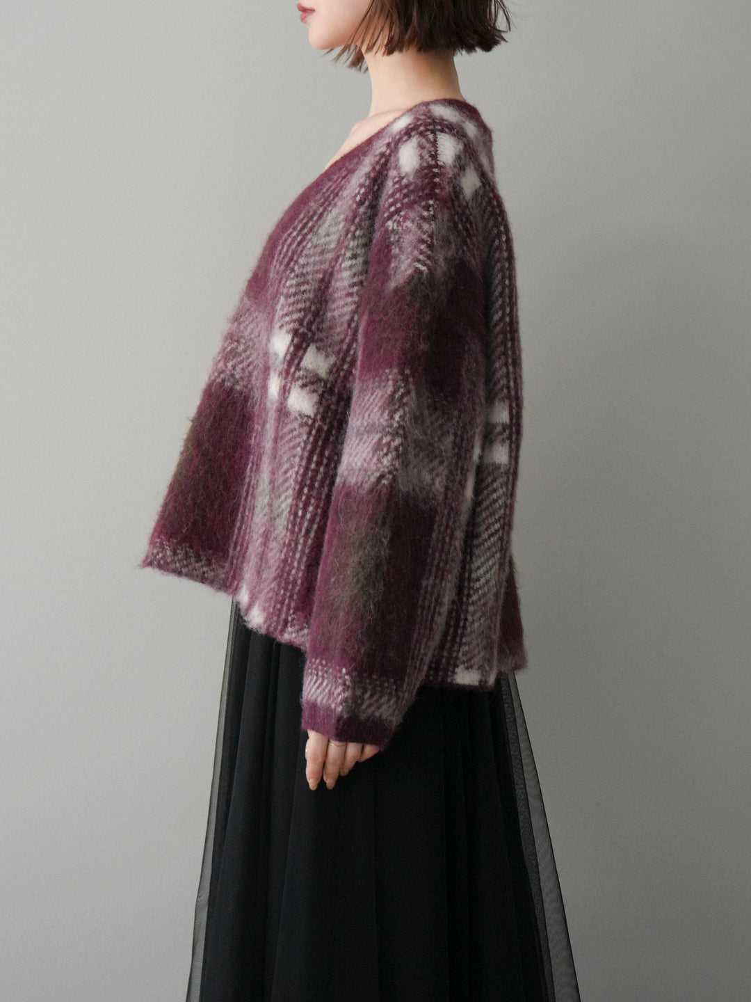 [予約]ストール付シャギーチェックニットプルオーバー/red