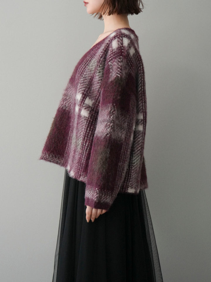 [予約]ストール付シャギーチェックニットプルオーバー/red