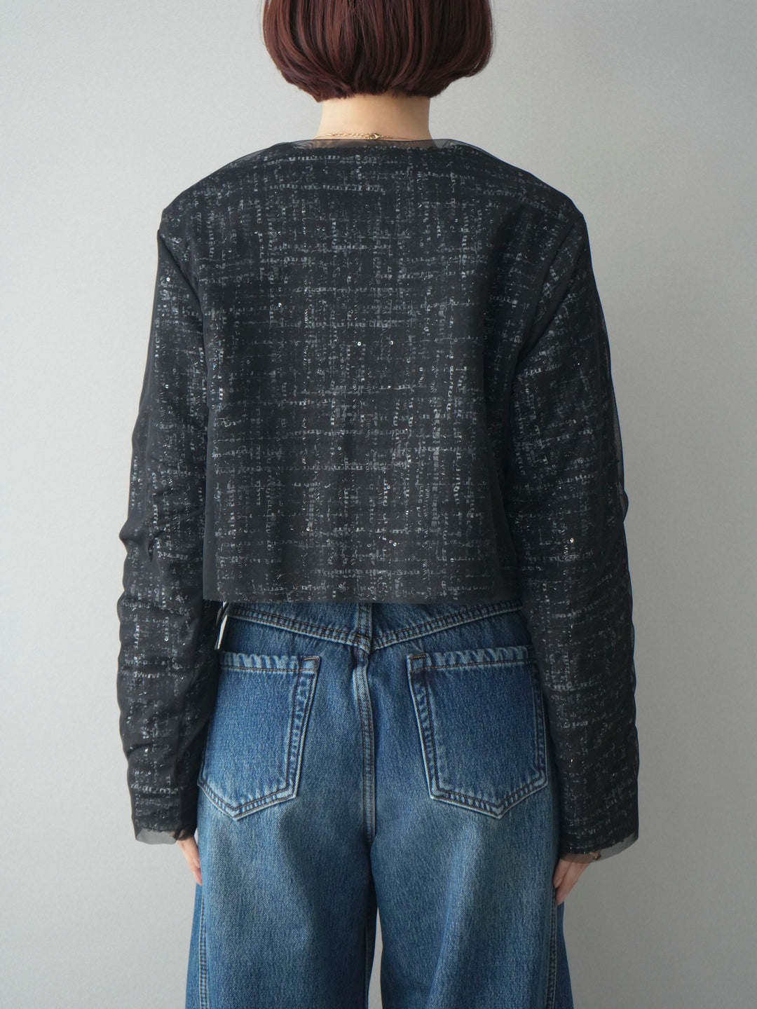 [予約]チュールレイヤードツイードクロップドジャケット/black