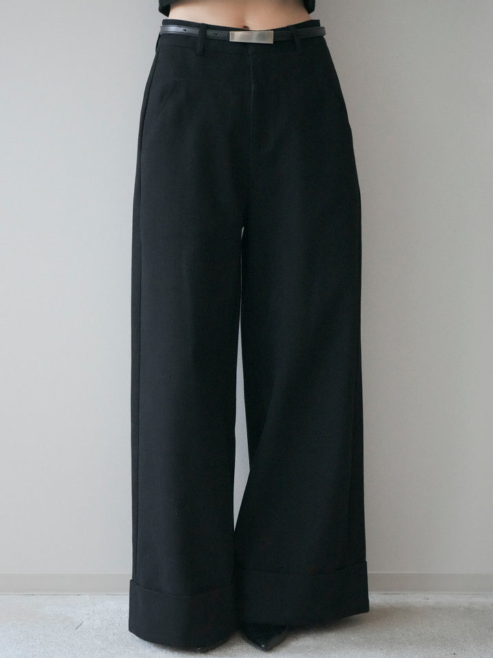 [予約]ベルト付き折り返しコットンツイルワイドパンツ/black