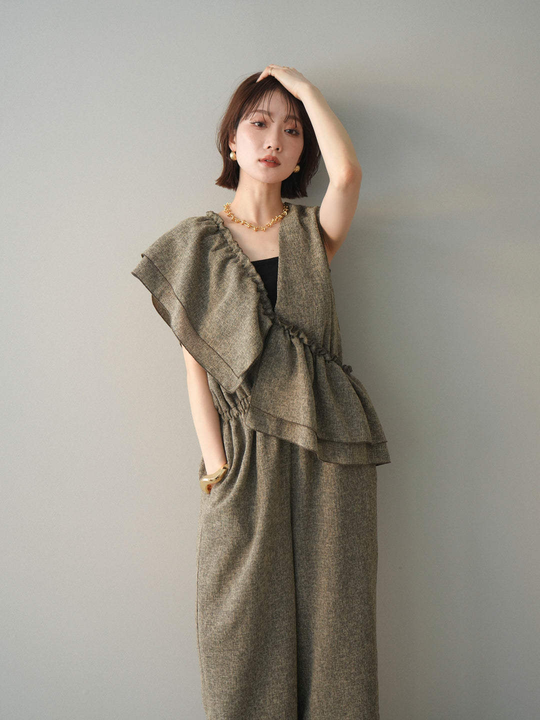 [SET]3WAYミックスツイードギャザーオールインワン+選べるアクセセット(2set)