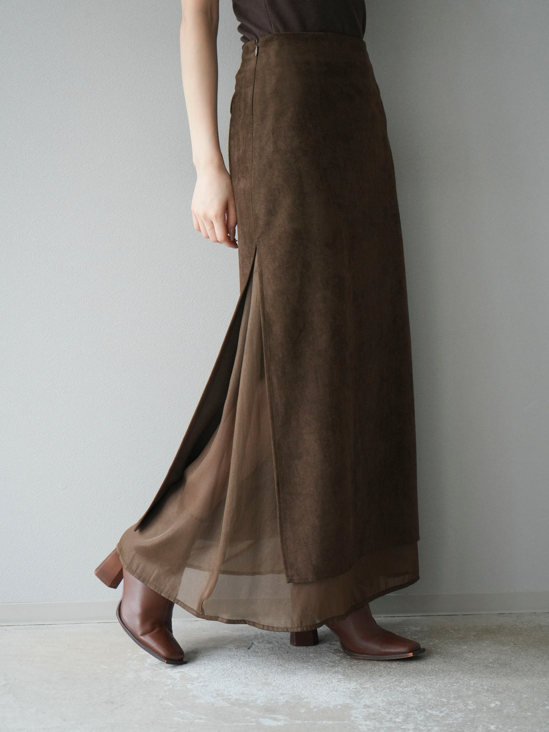 [予約]サイドスリットスウェードドッキングシフォンスカート/ブラウン