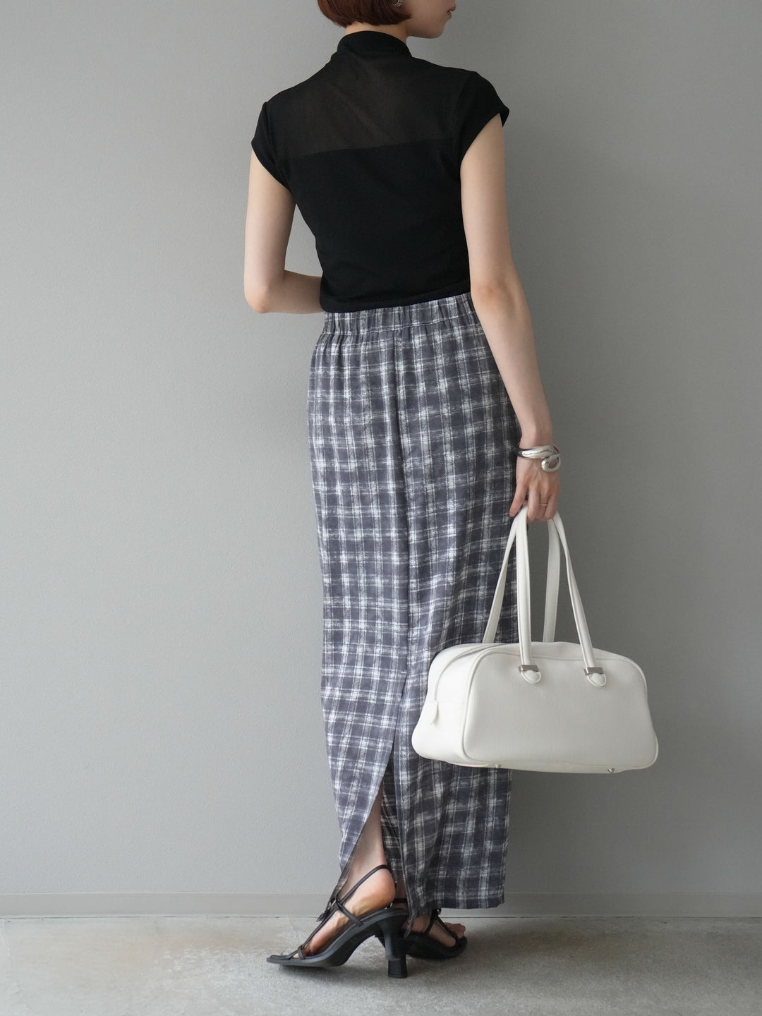 [予約]チェックプリントタックIラインスカート/グレー