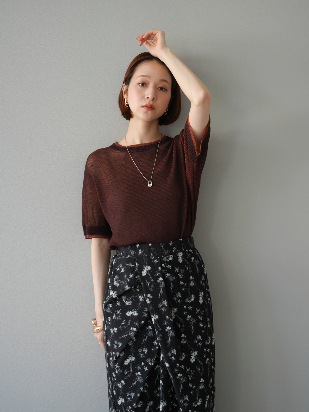 [SET]リネンタッチ配色二重臼ハーフニットトップス+選べるアソート柄スカートセット(2set)