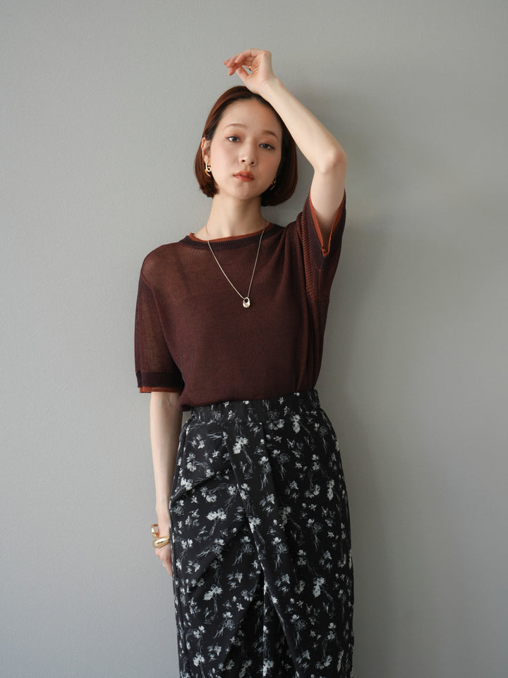 [SET]リネンタッチ配色二重臼ハーフニットトップス+選べるアソート柄スカートセット(2set)