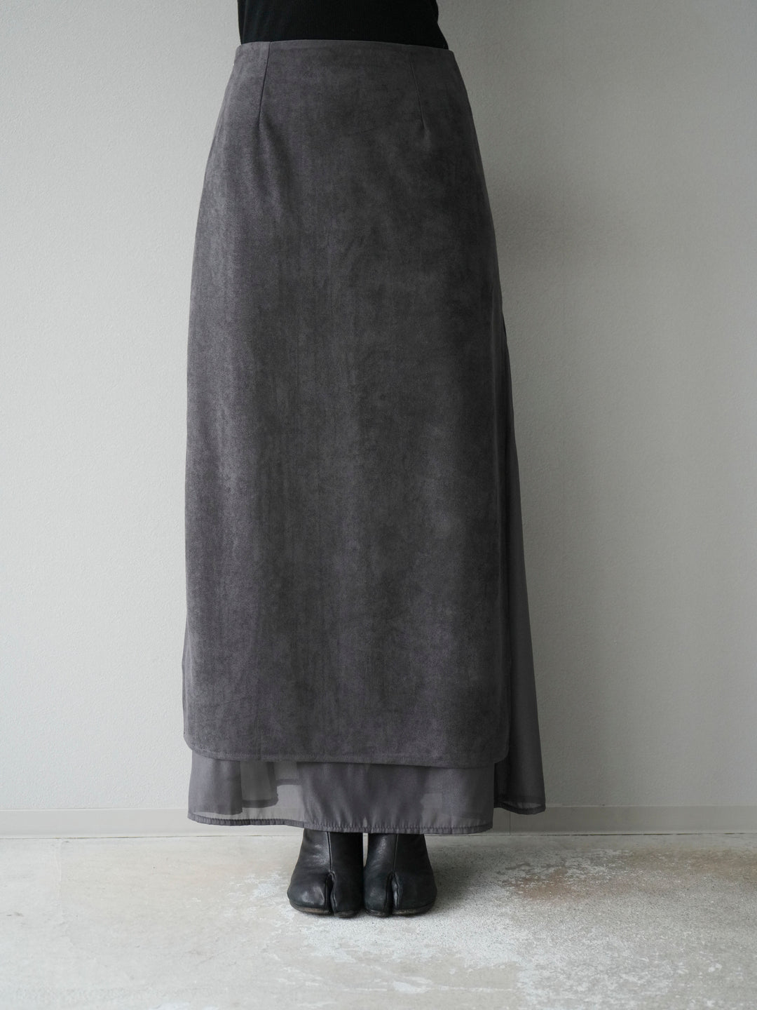 [予約]サイドスリットスウェードドッキングシフォンスカート/グレー