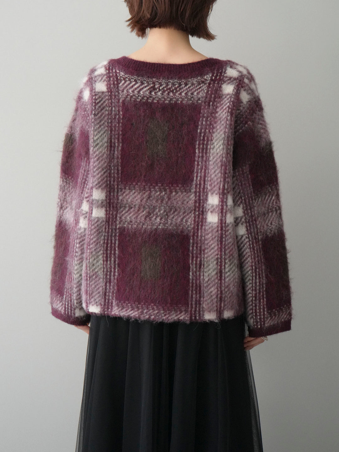 [予約]ストール付シャギーチェックニットプルオーバー/red