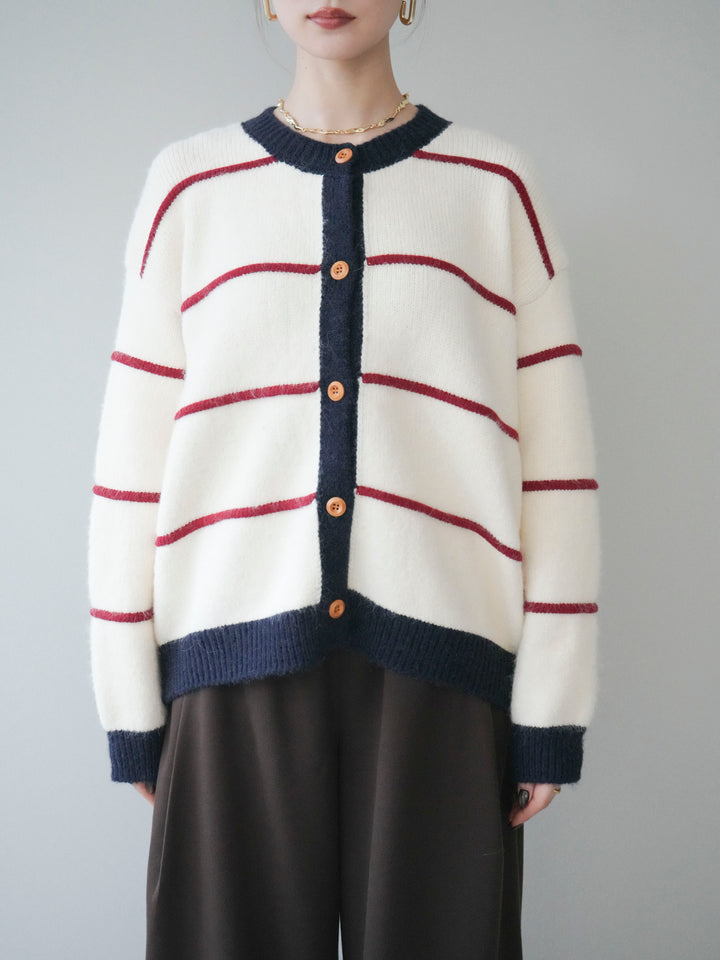 [予約]配色ボーダーニットカーディガン/red