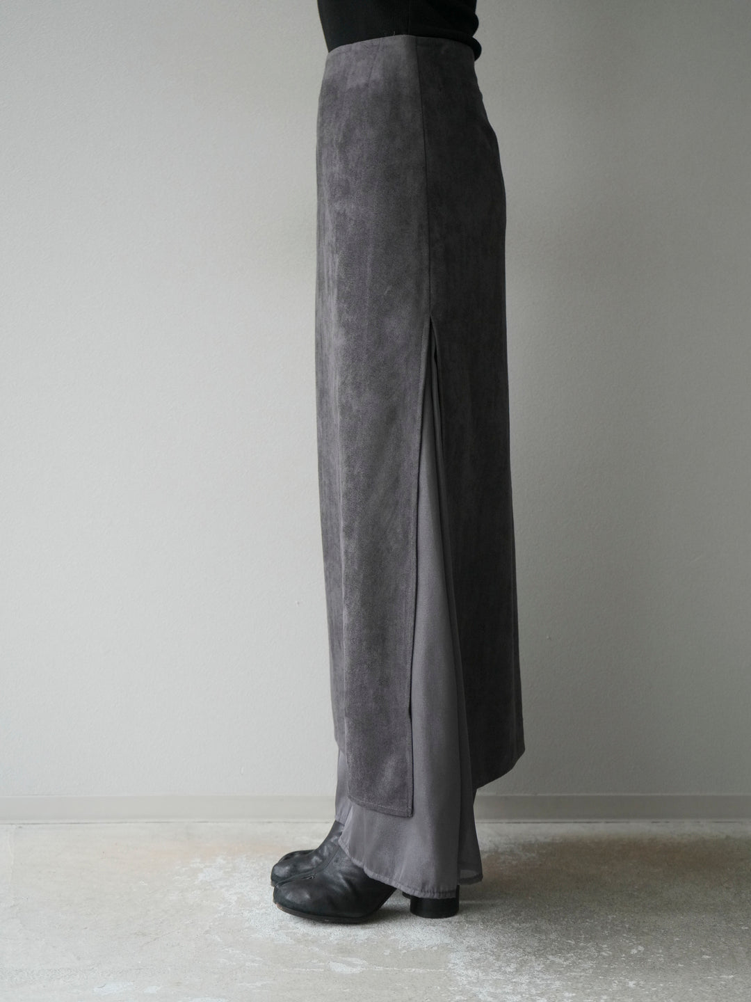 [予約]サイドスリットスウェードドッキングシフォンスカート/グレー