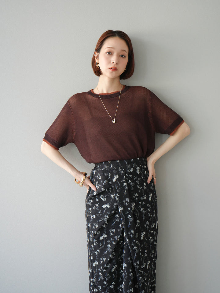 [SET]リネンタッチ配色二重臼ハーフニットトップス+選べるアソート柄スカートセット(2set)