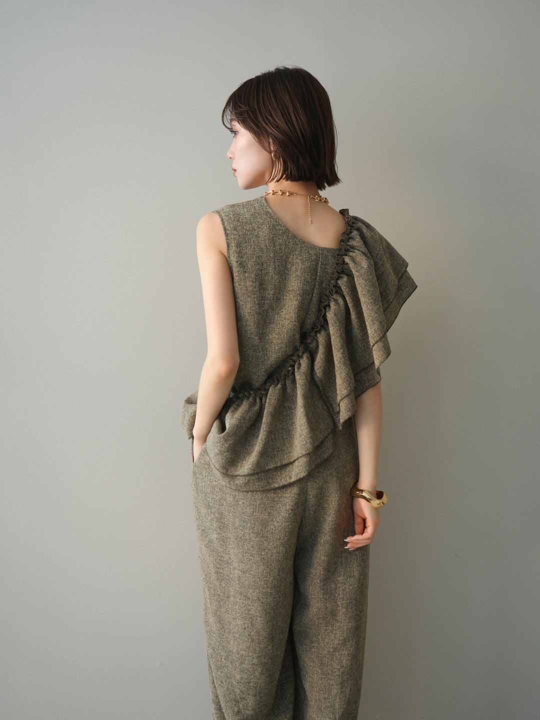 [SET]3WAYミックスツイードギャザーオールインワン+選べるアクセセット(2set)