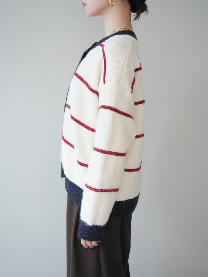 [予約]配色ボーダーニットカーディガン/red