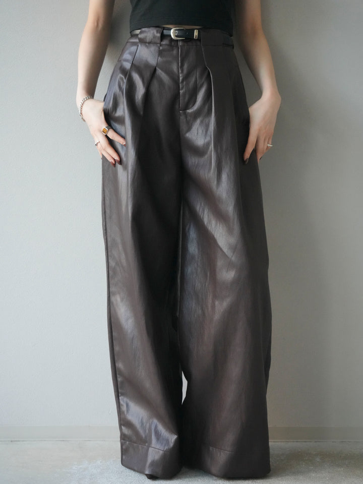 [予約]レザーワイドパンツ/brown