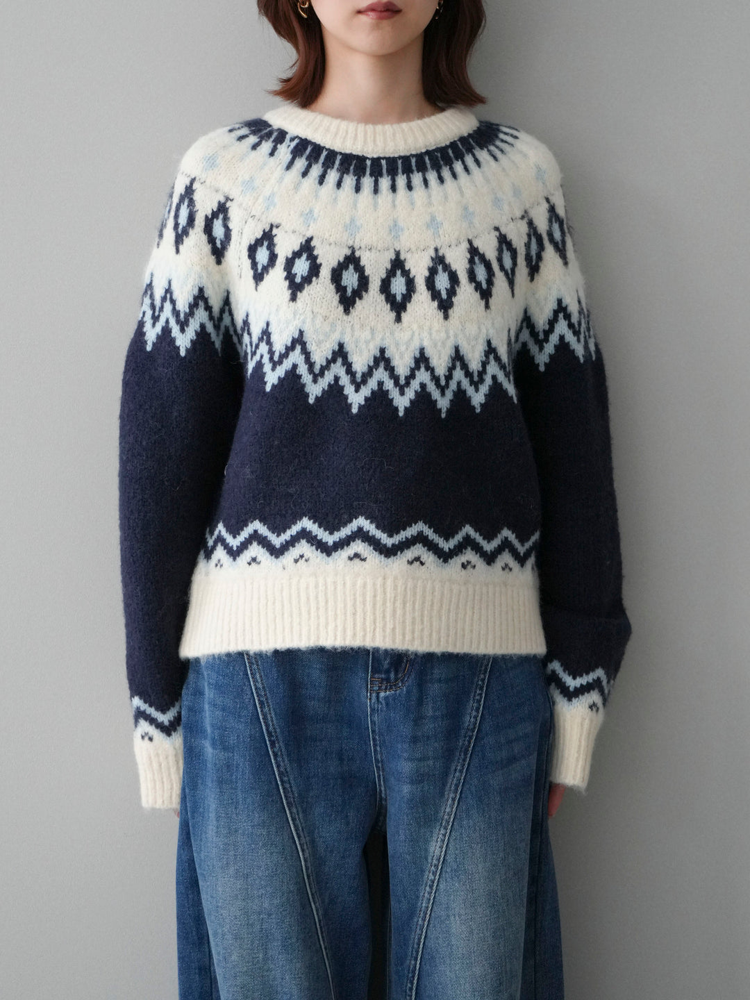 [予約]ノルディック柄ニットプルオーバー/navy