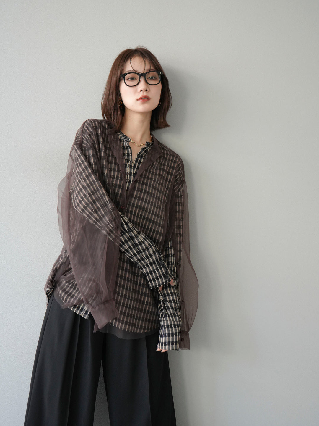 [予約]チェック柄2WAYスリーブバンドカラーシャツ/ベージュブラック