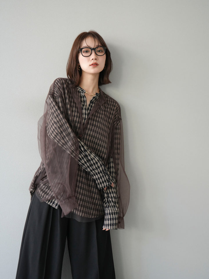 [予約]チェック柄2WAYスリーブバンドカラーシャツ/ベージュブラック