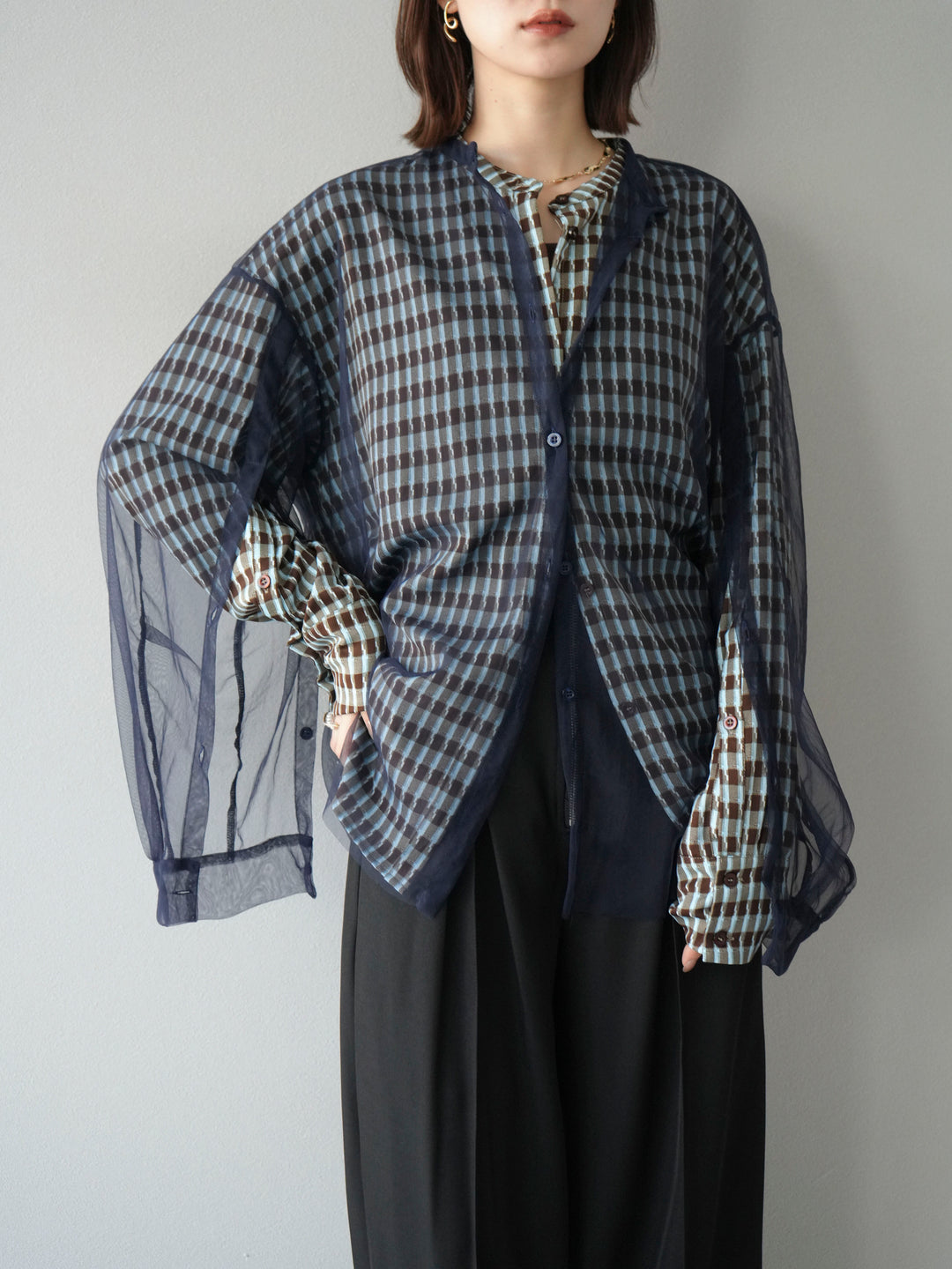 [予約]チェック柄2WAYスリーブバンドカラーシャツ/ブルーブラウン