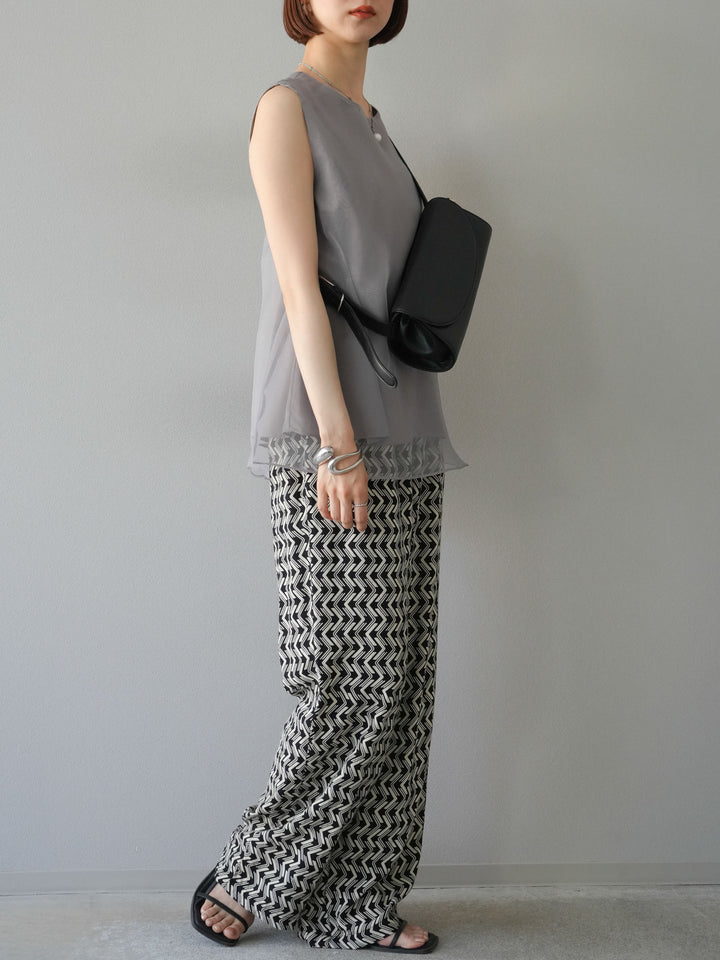 [予約]レーヨンフレックススラブウェーブ柄ストレートパンツ/ブラック