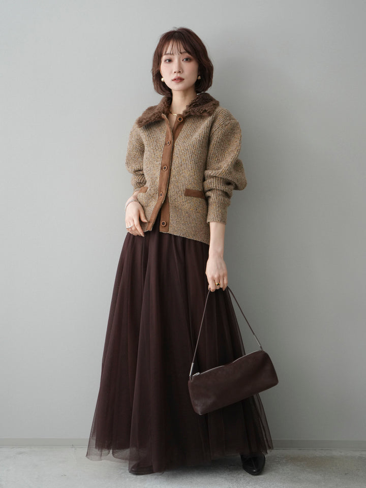 [SET]襟ボアミックスヤーンニットカーディガン+チュールボリュームスカート(2set)